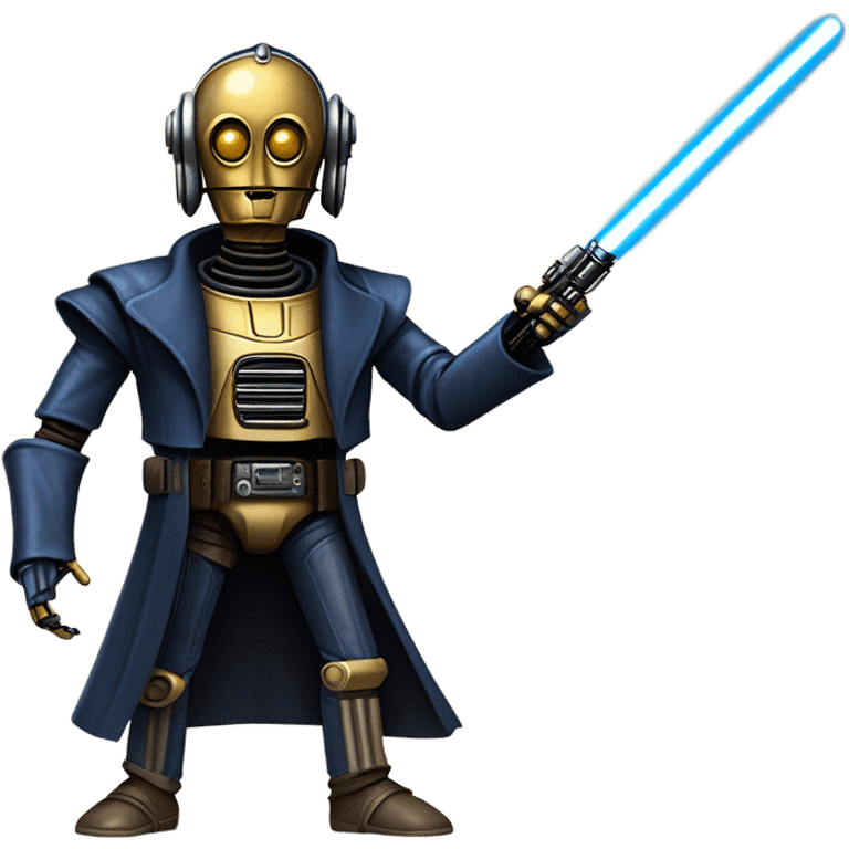 well-equipped jedi first order human-sized darkblue-pearl C3po as a friendly bounty hunter droid wearing a leather attire old west duster coat holding light saber ready to fight but relaxed. antiqued emoji