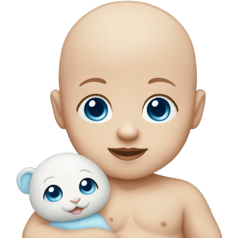 bald baby with blue eyes with stuffed toy emoji