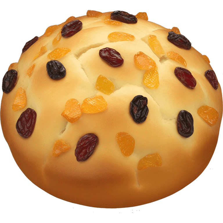 Round, dome-shaped Italian Christmas bread with a golden crust and bits of dried fruit inside, like raisins and candied orange peel. emoji