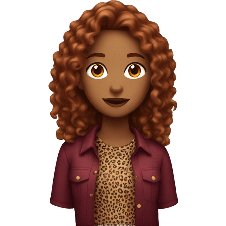 Girl with long burgundy, curly hair, wearing a cheetah print shirt emoji