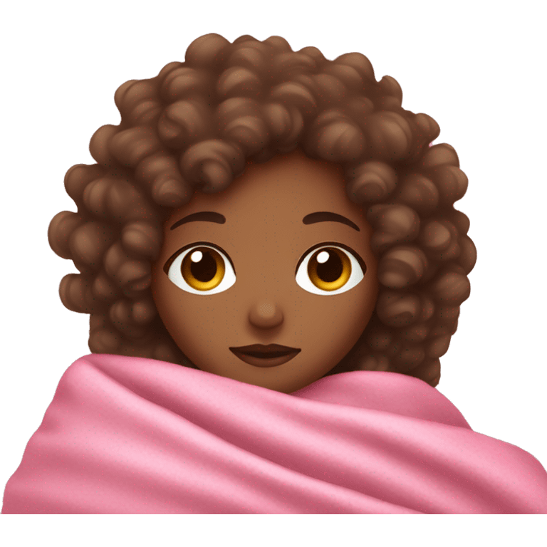 Brown skin girl with curly hair sleeping with a pink blanket emoji