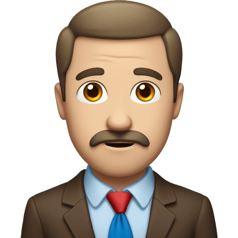 man balding at the crown, brown hair, brown eyes, moustache, red shirt, blue tie, shocked emoji