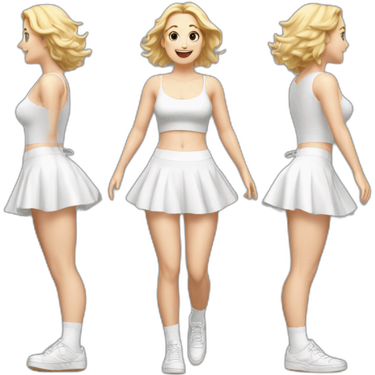 hyperrealistic-full-body-caucasian-curvy-beauty-jumping-small white-skirt-back-and-front-views-strong-wind-white knickers white socks emoji