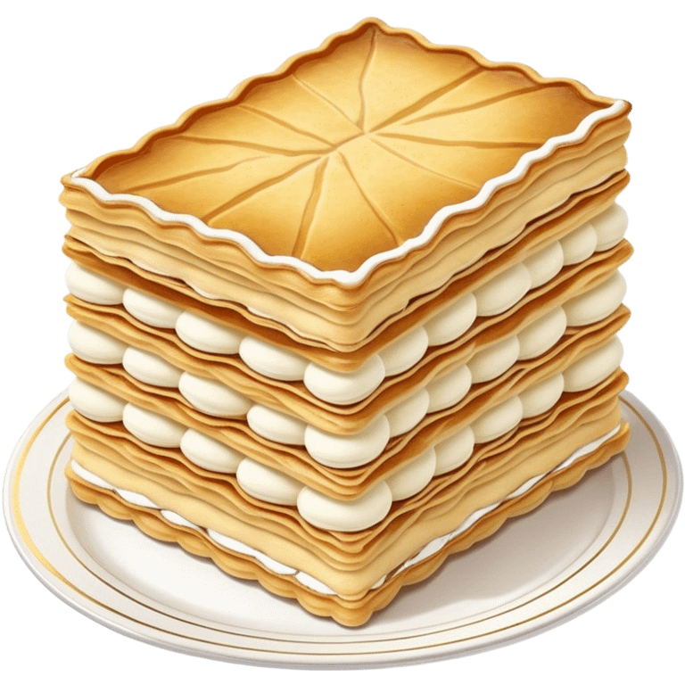 Cinematic delicate mille-feuille, thin crispy pastry layers filled with smooth vanilla cream, dusted with powdered sugar, elegant presentation, highly detailed and sophisticated. emoji