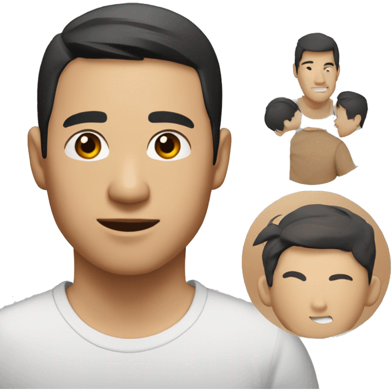 A head and shoulders shot of a 32 year old Asian man, with short black hair,   with brown eyes wearing a t-shirt. emoji