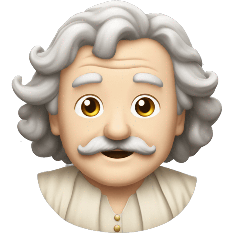 Short pudgy old man over enthusiastic happy excited face bald forehead long wavy gray and brown brunette long wavy hair moustache Shakespearean dress vintage clothes hamlet small arms emoji