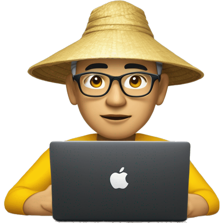 A memoji-style Vietnam man with yellow skin, wear nearsighted glasses, a traditional Vietnamese conical hat , black shirt, sitting at a desk, a cup of coffee in desk, typing on keyboard, laptop with a logo styled as '</>' in front front like macbook emoji