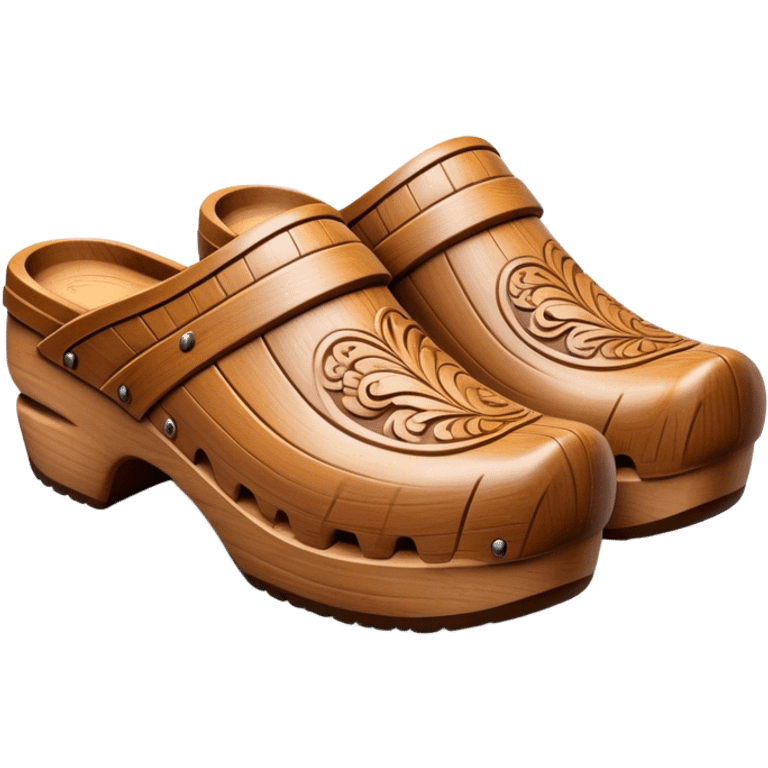 Cinematic Realistic Wooden Clogs Emoji, depicted as a pair of traditionally carved wooden clogs with intricate details and rustic charm. emoji