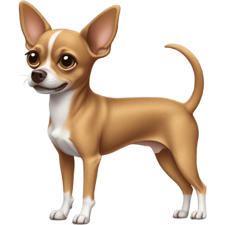 Brown chihuahua mix. He has skinny legs and ears that partially flop over like a rat terrier emoji