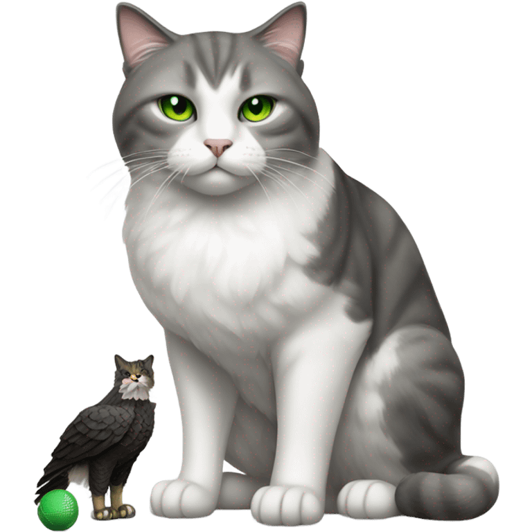 Grey and white cat with green eyes  with Eagle and football  emoji