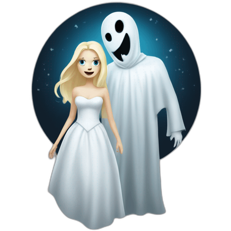 a blondie girl and a bald guy dressed as a ghost going both to a party emoji