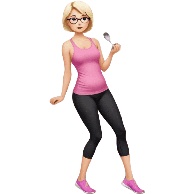 Render from knees up, view from the side, fair skinned woman, curvy, short blond hair, small reading glasses, cooking dinner in kitchen, pink loose tank top, showing natural B cup breast shape SFW, black yoga pants, large curvy booty emoji