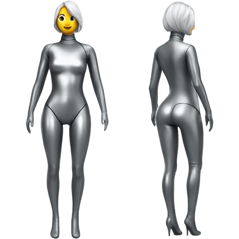 silver female latex bodysuit full front and back view emoji