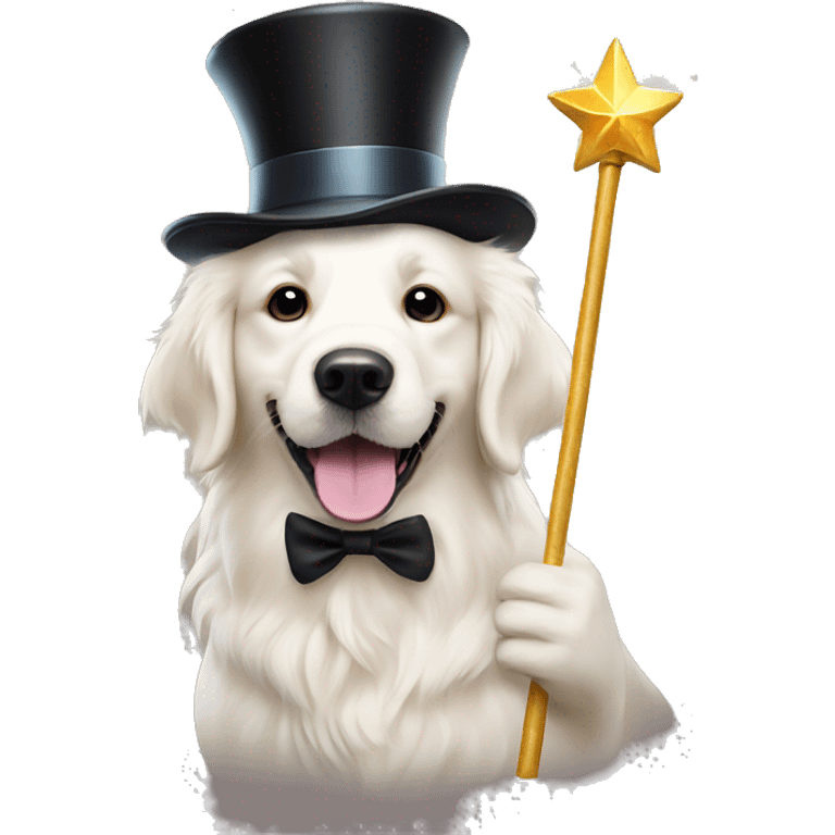 White golden retriever with top hat and magic wand emoji