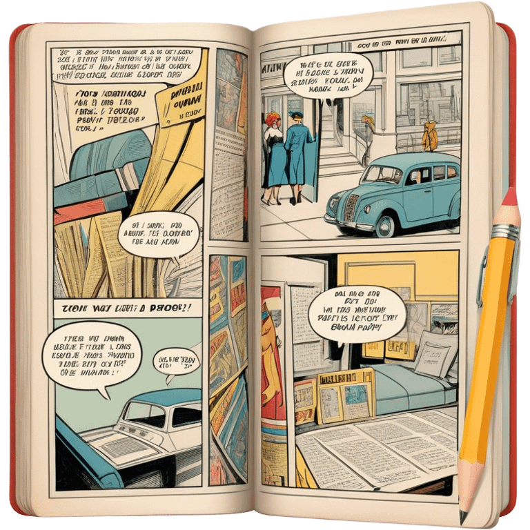 Create a detailed emoji representing the process of writing texts for comic books. The design should feature a large, open comic book with vintage comic strips visible on its pages. A pencil should be shown writing text on one of the comic panels, but without a hand. The pencil should appear as though it is actively creating the dialogue or narration. Use a classic color palette with muted tones for the comic book and brighter accents on the pencil to draw attention to the writing process. Do not include any emojis or smiley faces. Make the background transparent. emoji