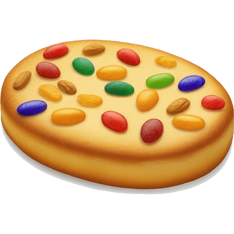 "Draw an emoji of a 'coca de San Juan,' an oval-shaped, golden Catalan pastry decorated with colorful candied fruits, pine nuts, and sprinkled with sugar. emoji