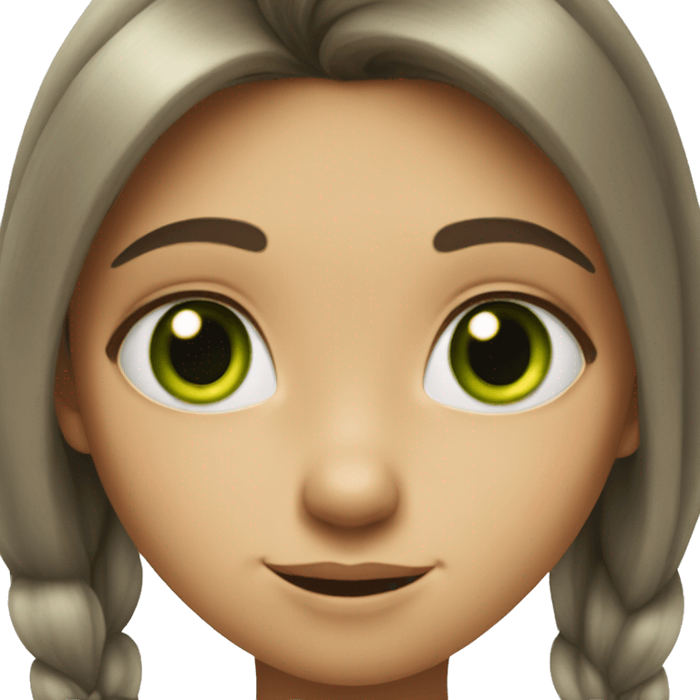 a girl with green eyes and emotions on her face like the cat from Shrek emoji