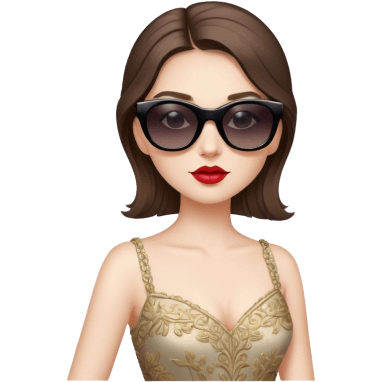 a pale brunette girl with elaborate makeup and dress, wearing sunglasses, confident emoji