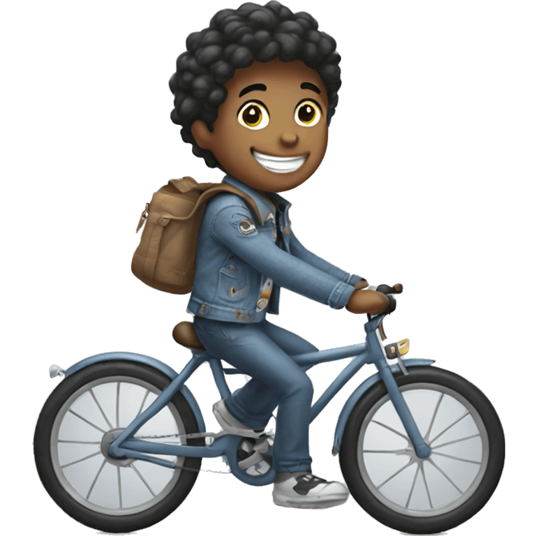 smiling boy in denim jacket riding a bicycle  emoji