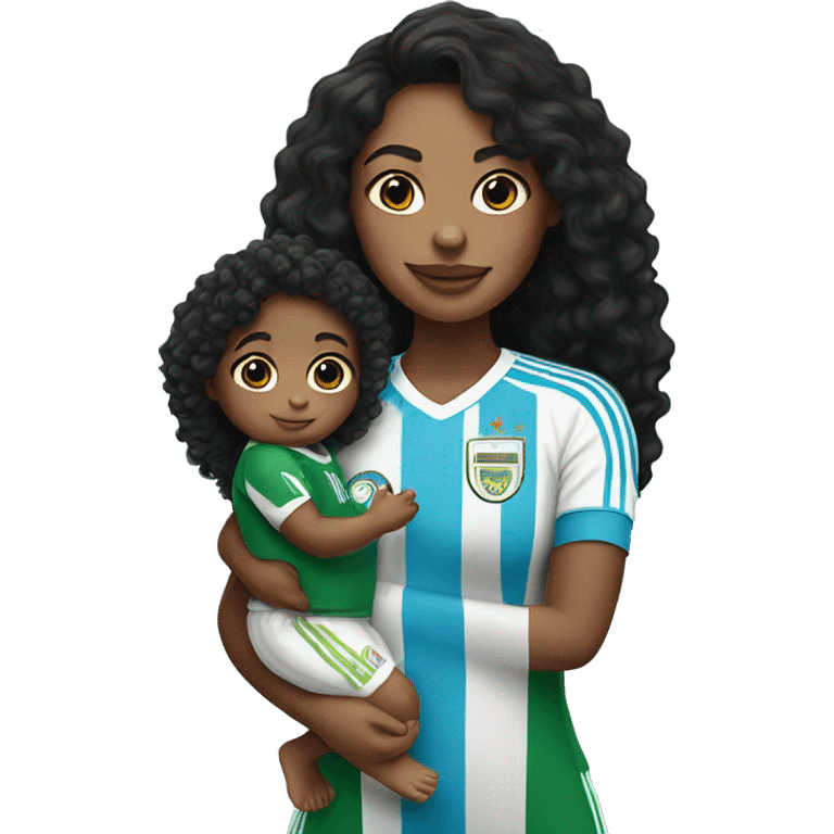 Girl with long black curly hair wearing a half Argentina half Nigerian jersey holding a baby  emoji