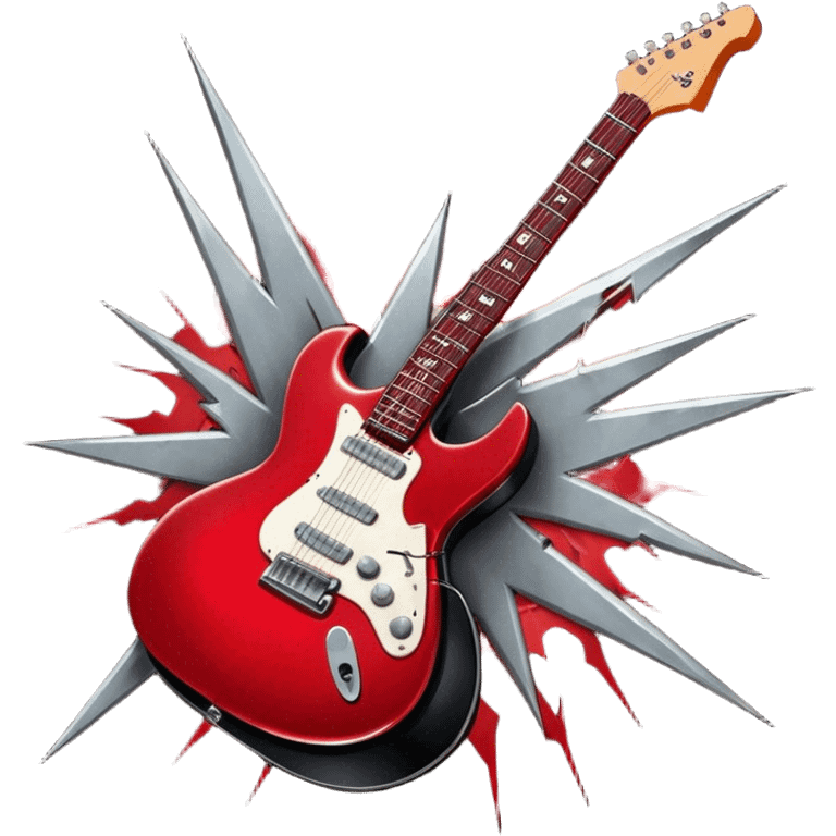 Create a fierce and edgy emoji representing hardcore rock vocal performance in a humanless collage. The design should feature a vintage microphone at the center, surrounded by a menacing, distorted electric guitar with sharp, aggressive angles. Add crossed drumsticks behind the microphone to symbolize the rhythm and power of the drums. Include subtle elements like lightning bolts, flames, or jagged sound waves to evoke the raw energy and intensity of hardcore rock. Use dark, intense colors like black, red, and silver, with a metallic, gritty finish to convey the rebellious, aggressive spirit of the genre. The background should be transparent. emoji