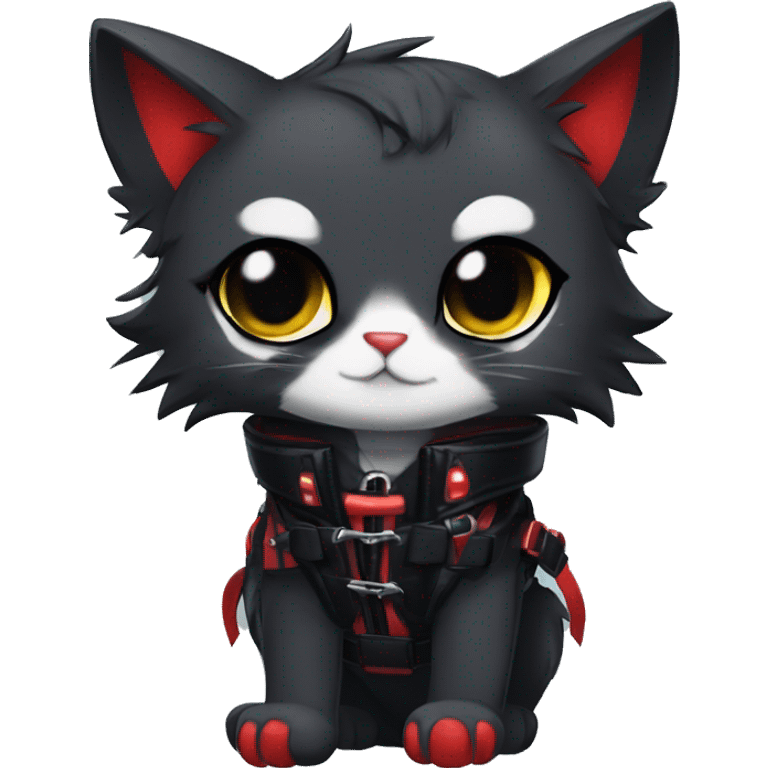 Anthro Edgy Cool Beautiful Black Cat-Fursona with Emo Hair-bangs with Red Streaks Chest Harness Spiked Collar Bat Wings emoji