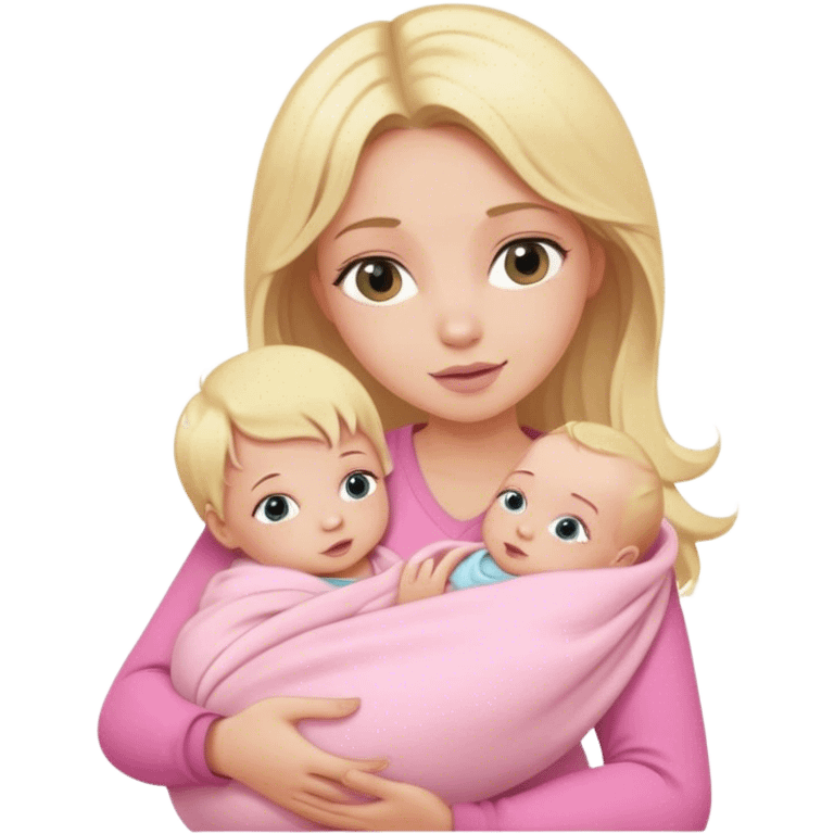 Blonde girl holding a new born baby while the baby is wrapped in pink. emoji