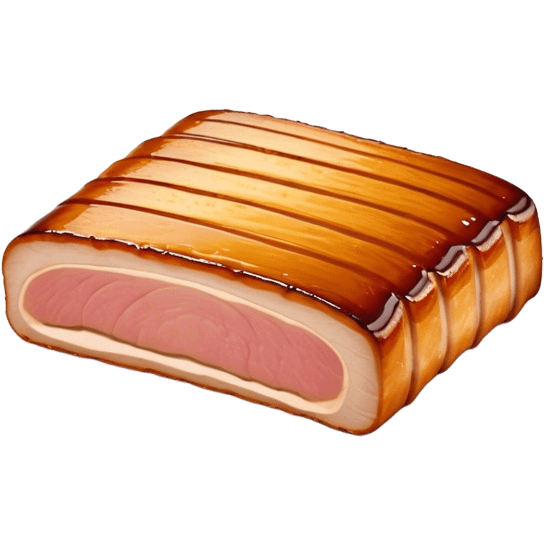 Cinematic tender pork belly, slow-roasted to perfection, crispy caramelized edges, glistening with juices, sliced into thick, rich layers, warm golden tones, luxurious and indulgent. emoji