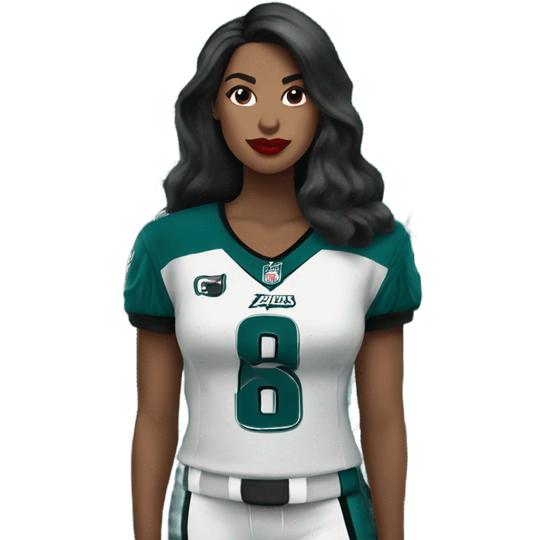 White female long dark hair red lips wearing Philadelphia Eagles jersey emoji