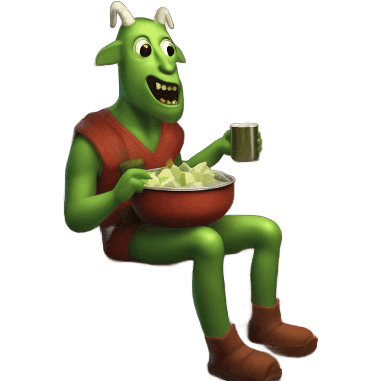 Pickle man in a cabin drinking a pot of goat cheese with his Demonic creature pet warming itself by the fireplace  emoji