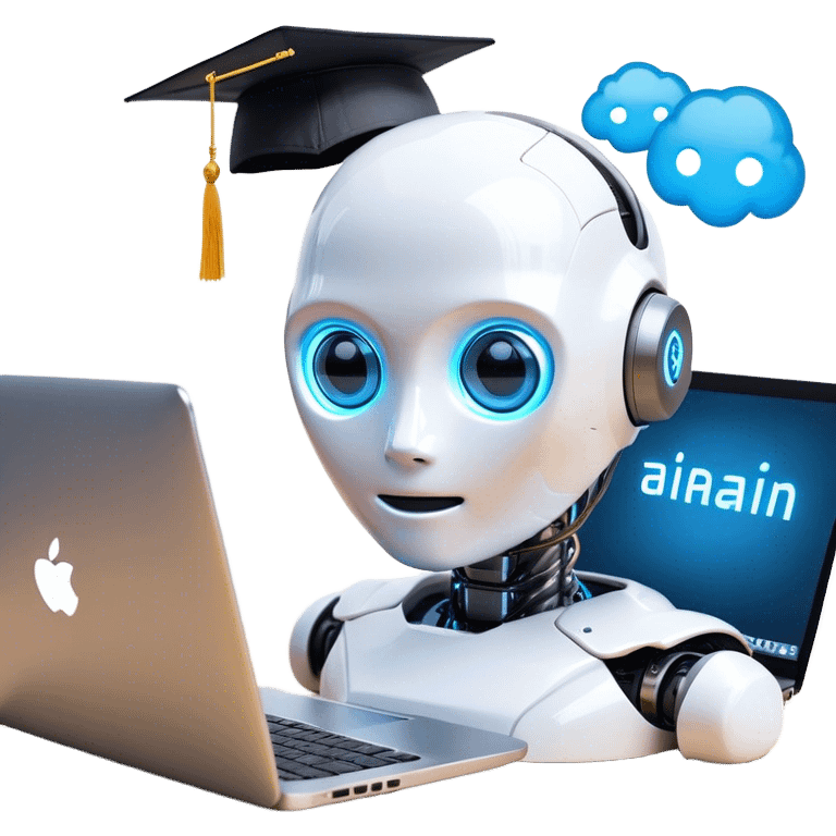 A combination of emojis representing artificial intelligence skills. A small humanoid robot head (🤖) with glowing blue eyes, a brain icon (🧠) beside it, and a laptop (💻) underneath, symbolizing AI-powered computing. Above the robot, a graduation cap (🎓) hovers slightly, indicating learning and education in AI. Small digital sparks or circuit-like patterns connect the elements, creating a futuristic and tech-inspired emoji style. The background is plain white emoji