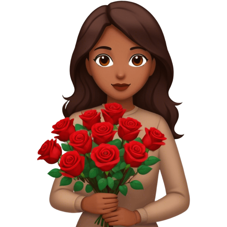 Brown woman with long dark brown hair holding red roses emoji