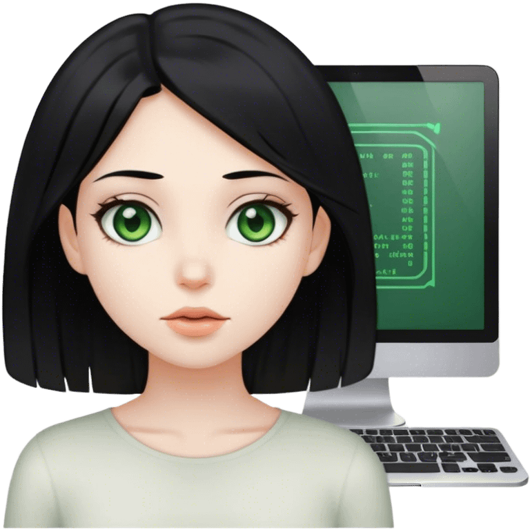 girl with balck hair and brownis-greenis eyes programming emoji