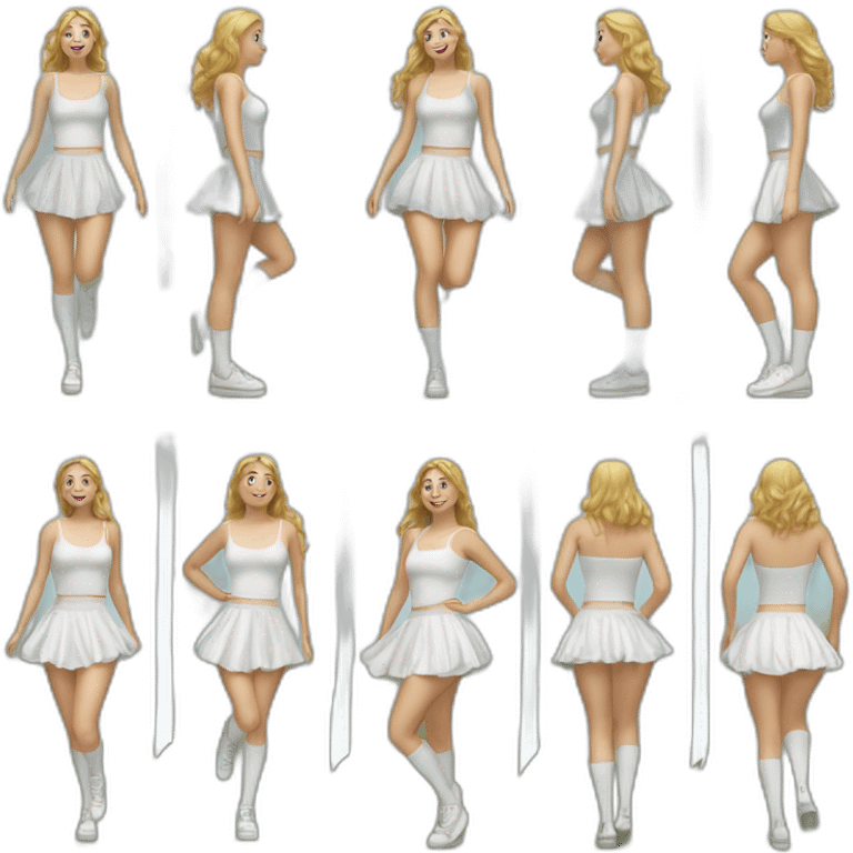 hyperrealistic-full-body-caucasian-curvy-beauty-jumping-small white-skirt-back-and-front-views-strong-wind-knickers white socks emoji