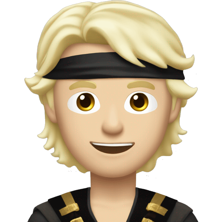 Pale skinned straight platinum blonde hair prince wearing black clothes wearing pirate eye patch but he’s a prince emoji