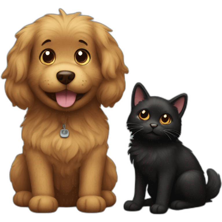 Black cat and Brown fluffy dog smiling emoji