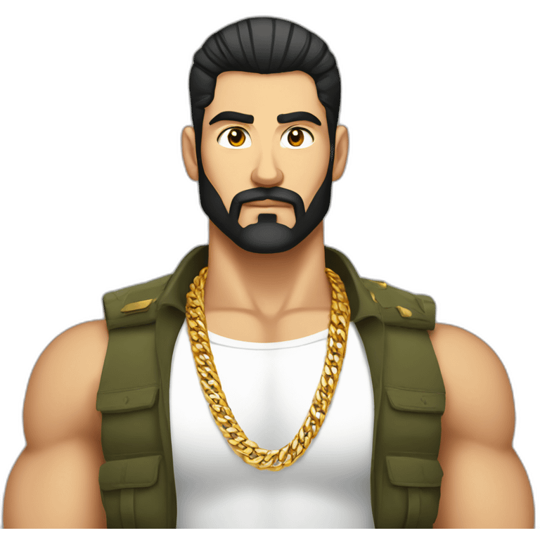 russian strong man thug wearing gold chain with black hair and a short beardand military hairstyle emoji