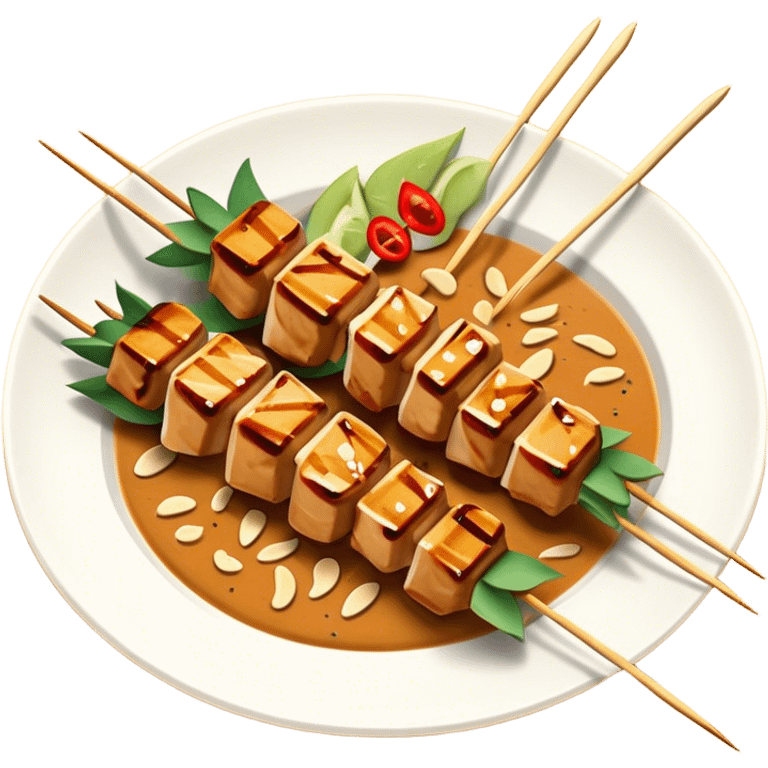 Cinematic Realistic Indonesian Chicken Satay Dish Emoji, depicted as succulent, marinated chicken skewers grilled to perfection with a subtle char, drizzled generously with a rich, creamy peanut sauce that glistens under warm, natural lighting. The vibrant textures of the tender meat and smooth, spicy sauce evoke the authentic flavors of Indonesian street food, rendered with lifelike detail and dynamic, appetizing lighting. emoji