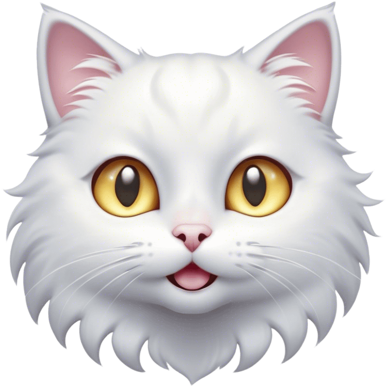 Cinematic Comical White Cat Portrait Emoji, Head tilted in an exaggerated, surprised manner with wide, sparkling eyes, showcasing a pristine white fur with subtle hints of silver and an animated, goofy expression, simplified yet whimsically detailed, glowing with a playful, bright radiance, high shine, exuding a lighthearted and comical charm, styled with a soft glowing outline, capturing the essence of a white cat that looks ready to prance comically off the screen! emoji