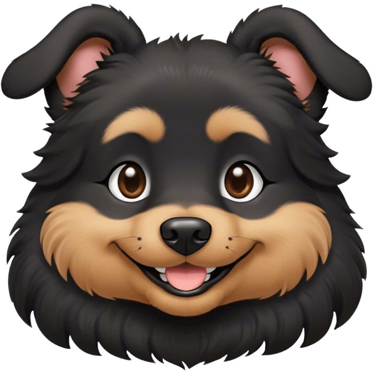 All black dog, soft fur, fluffy ears, smiling face, small bit of white in her chest  emoji