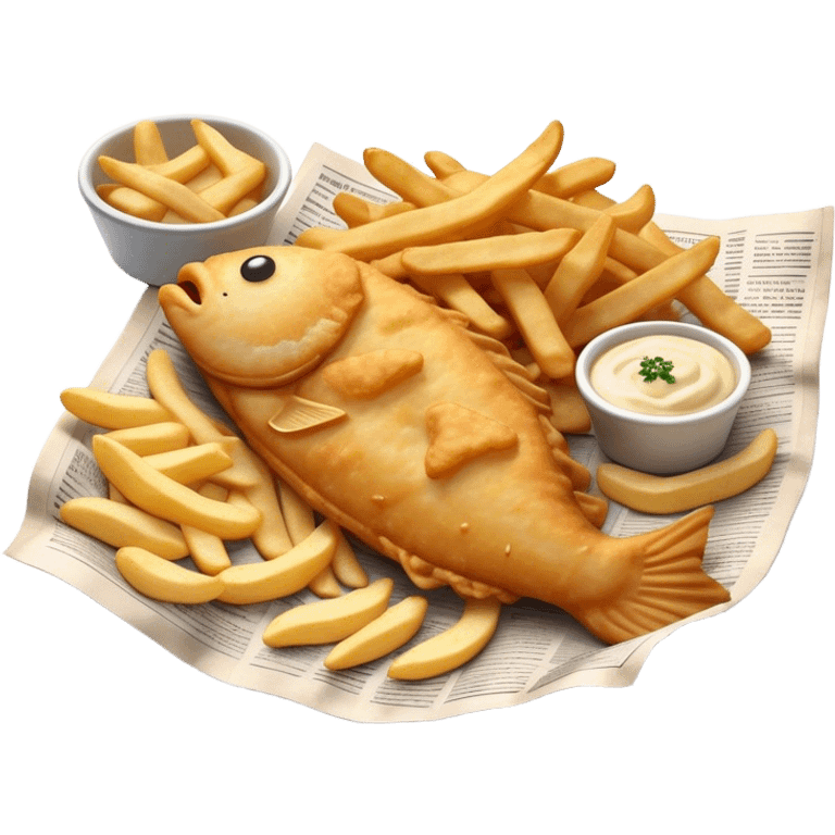 Fish and Chips Cinematic Realistic Fish and Chips Dish Emoji, depicted as a crispy battered fish fillet and golden chips served in traditional newspaper wrapping, rendered with lifelike textures and warm natural lighting that captures its iconic British street food charm  . emoji