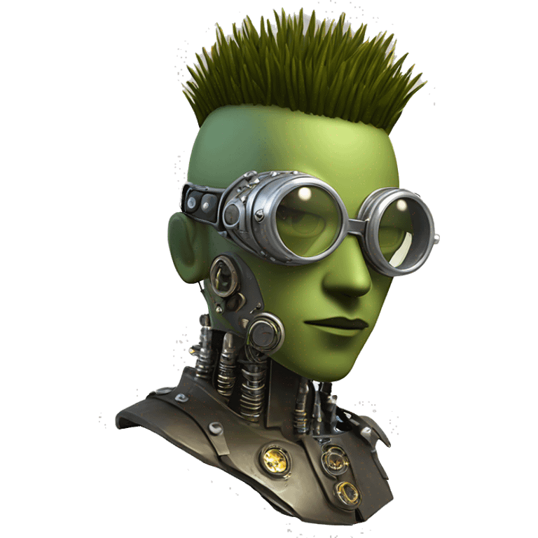 Olive green mohawk cyborg head with silver steampunk goggles, goatee and circuits emoji