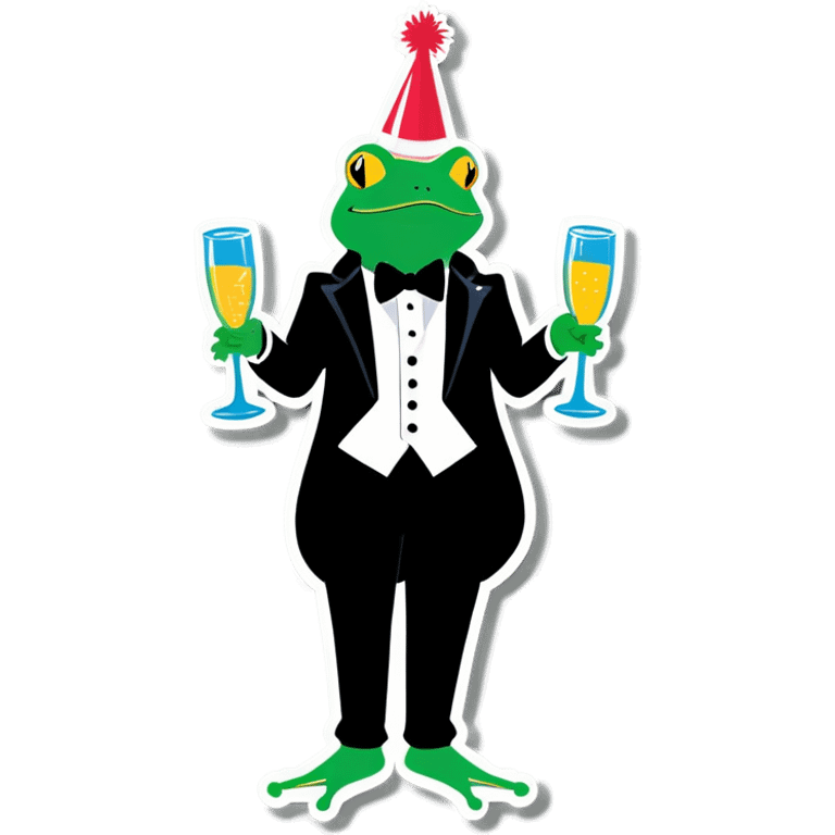 Frog in tuxedo wearing a birthday hat and drinking champagne  emoji