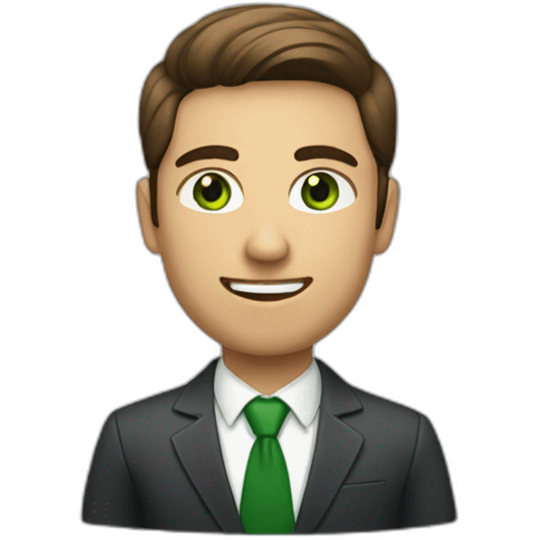 person with business style and serious and brown hairs and green eyes and smile emoji