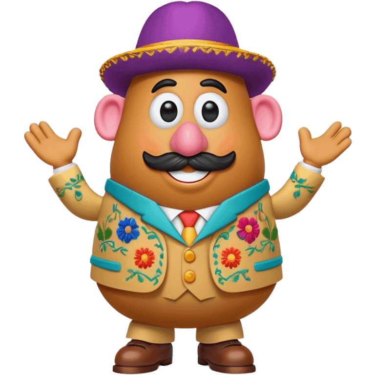 Create a 3D Pixar-style Mr. Potato Head character with a rounded, slightly uneven shape, expressive eyes, a wide smile, and cartoonish limbs, dressed in a colorful suit with intricate embroidery and a vibrant colorful hat emoji