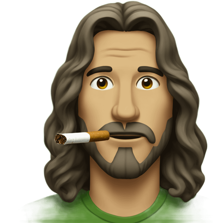 long haired man smoking a backwoods filled with green tobacco with the backwoods in his mouth emoji