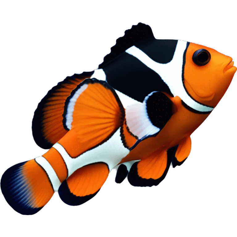 a clownfish in coral reefs and the clownfish has an orange body and black and white stripes. emoji