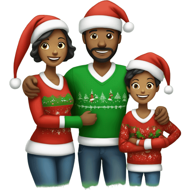 Black family of four with Dad, Mom, Son, and daughter. All wearing Christmas sweaters and Santa hats.  emoji