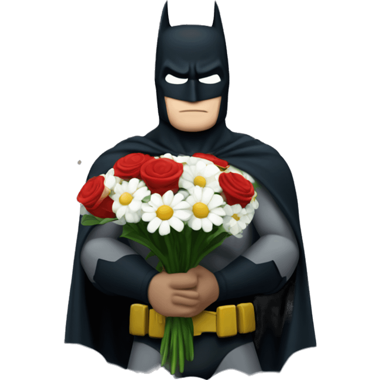 Batman holding a bouquet of white and red flowers in front of the night sky  emoji