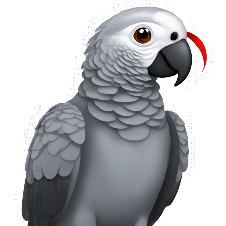 African grey parrot with red feather on his tail and not on his head with dark grey beak without red on his head  emoji